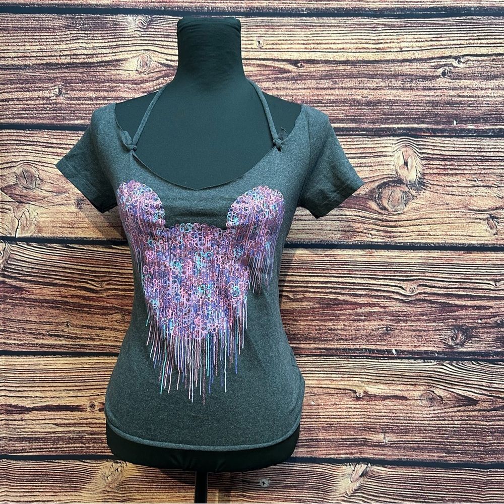 Disney Minnie Mouse Women's Medium Grey Shirt Top Blouse Customized Open Back